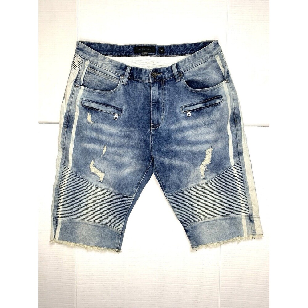 DECIBEL MOTO SHORTS MENS 36 DENIM JEANS BLUE STRETCH ZIPPER LONG Distressed
